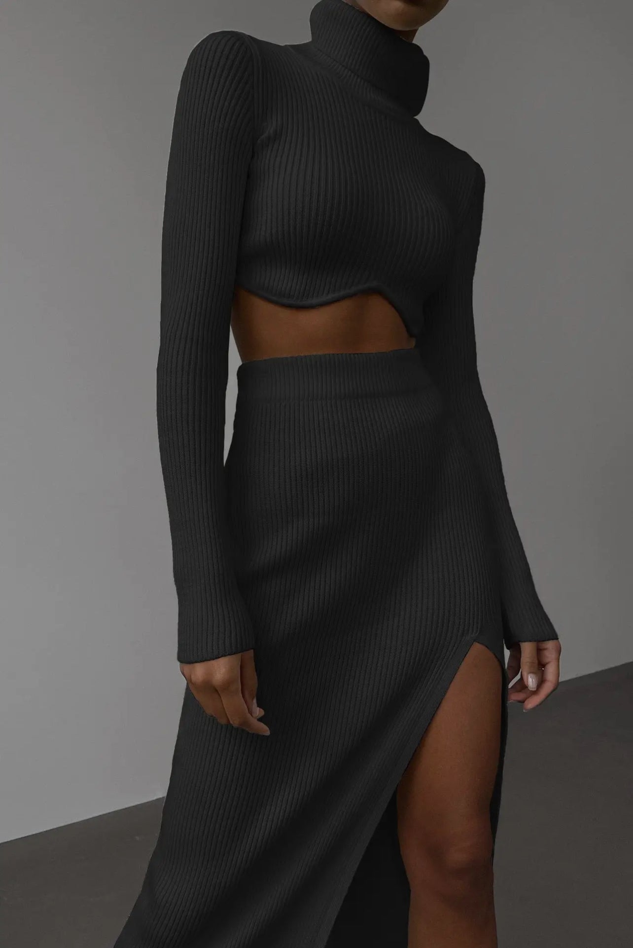 High Collar Top- High Waist Skirt Set