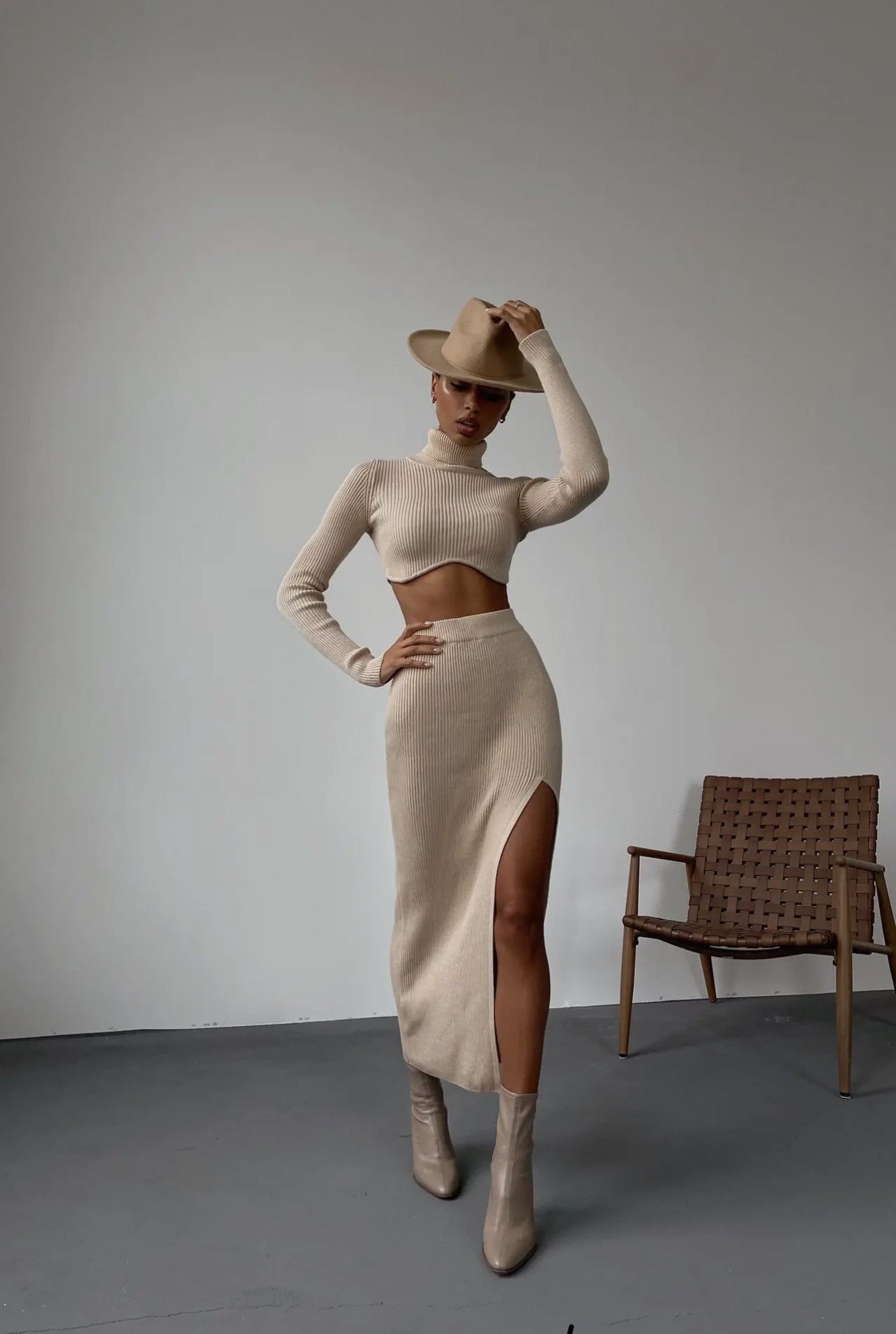 High Collar Top- High Waist Skirt Set